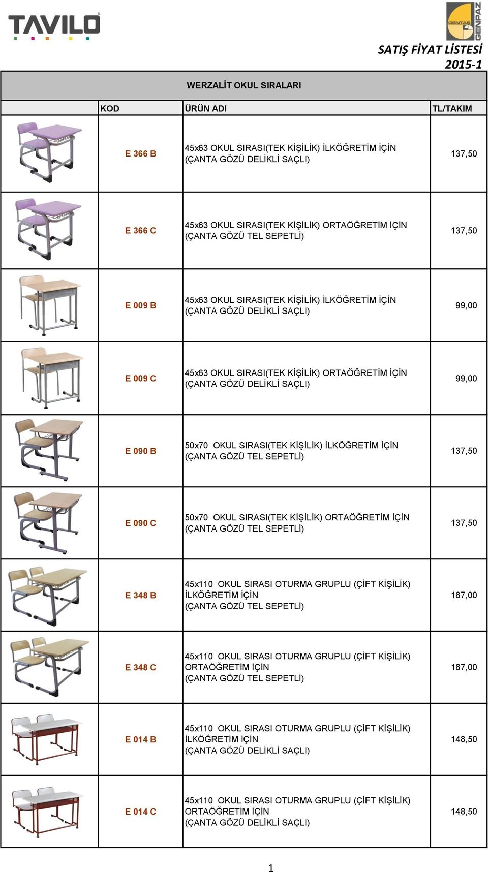 99,00 E 090 B 50x70 OKUL SIRASI(TEK KİŞİLİK) İLKÖĞRETİM İÇİN 137,50 E 090 C 50x70 OKUL SIRASI(TEK KİŞİLİK) ORTAÖĞRETİM İÇİN 137,50 E 348 B 45x110 OKUL SIRASI OTURMA GRUPLU (ÇİFT KİŞİLİK) İLKÖĞRETİM