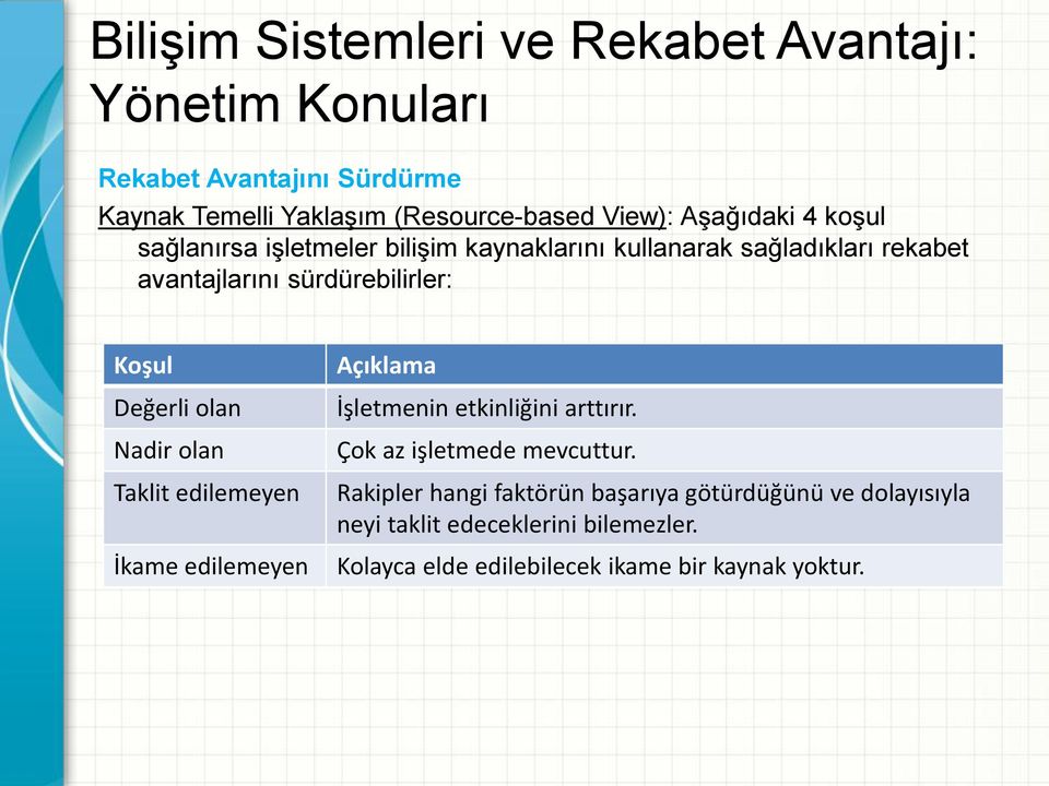 Değerli olan Nadir olan Taklit edilemeyen İkame edilemeyen Açıklama İşletmenin etkinliğini arttırır. Çok az işletmede mevcuttur.