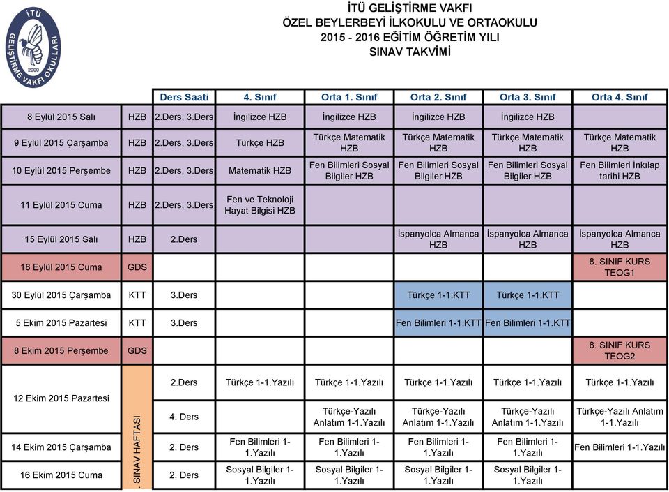 Ders, 3.Ders Fen ve Teknoloji Hayat Bilgisi 15 Eylül 2015 Salı 2.Ders İspanyolca Almanca İspanyolca Almanca İspanyolca Almanca 18 Eylül 2015 Cuma GDS TEOG1 30 Eylül 2015 Çarşamba KTT 3.