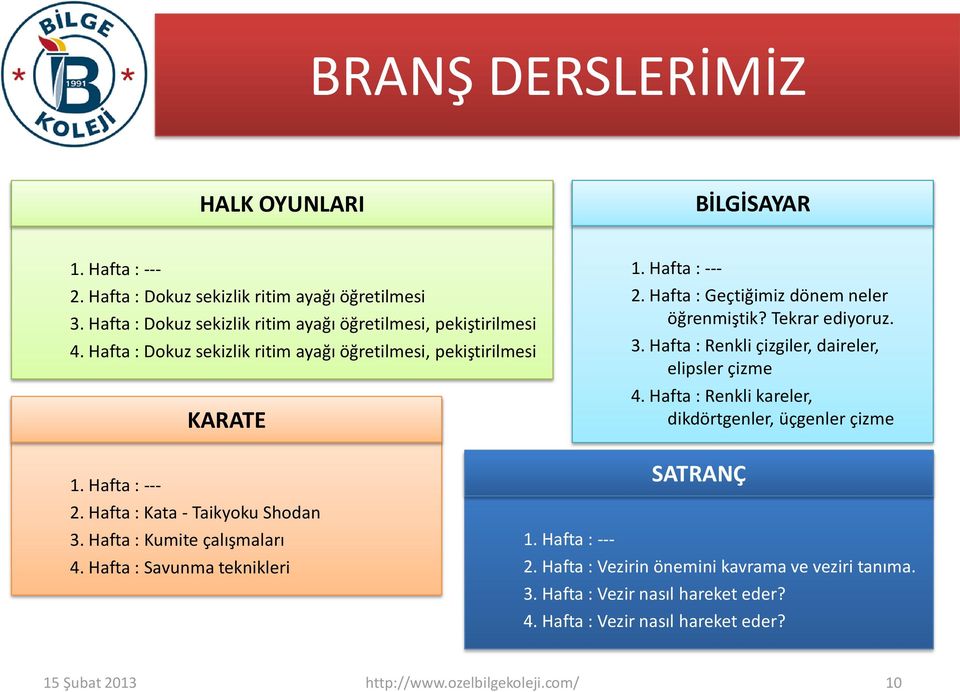 Hafta : Renkli çizgiler, daireler, elipsler çizme 4. Hafta : Renkli kareler, dikdörtgenler, üçgenler çizme 2. Hafta : Kata - Taikyoku Shodan 3.