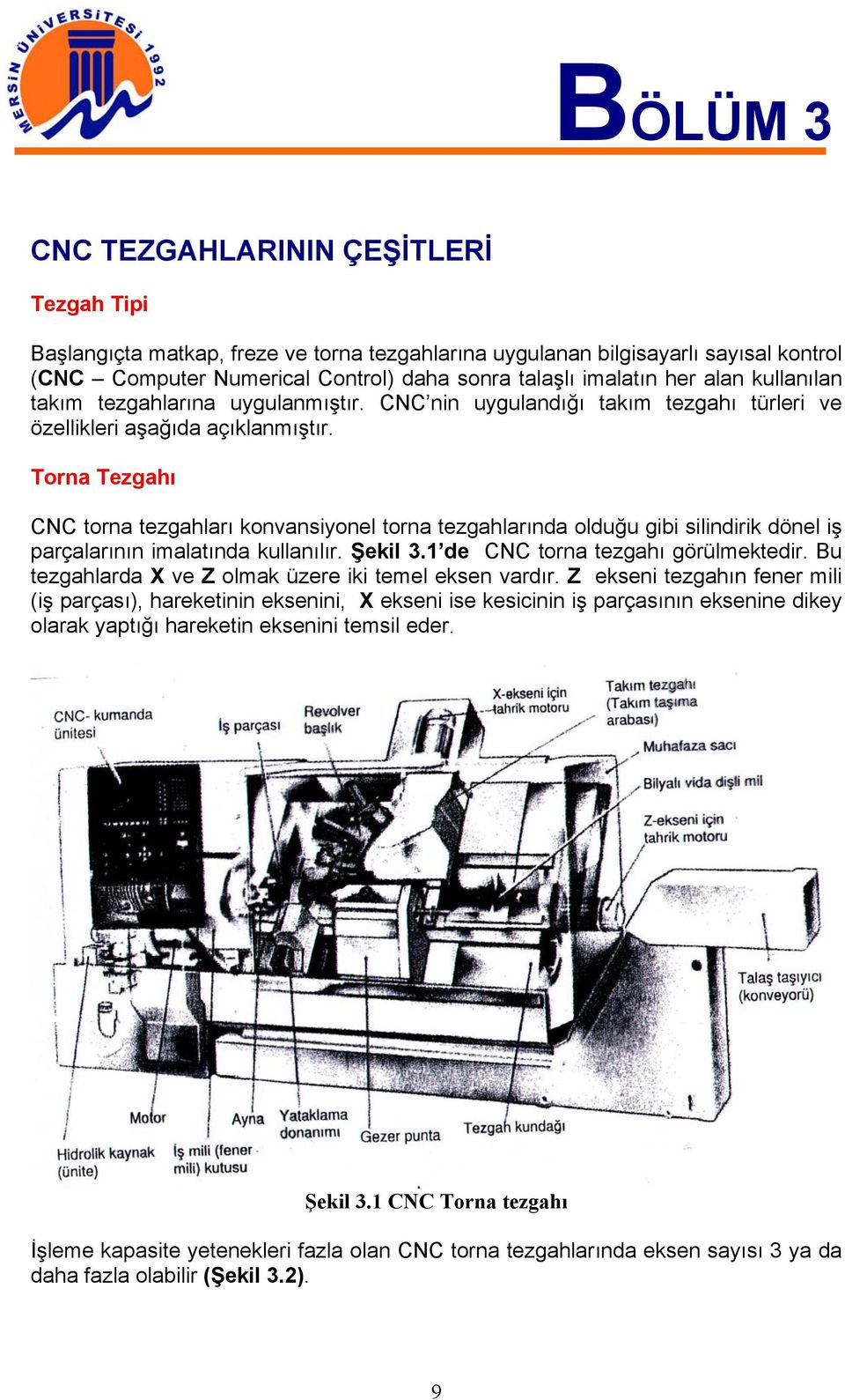 Torna Tezgahı CNC torna tezgahları konvansiyonel torna tezgahlarında olduğu gibi silindirik dönel iş parçalarının imalatında kullanılır. Şekil 3.1 de CNC torna tezgahı görülmektedir.