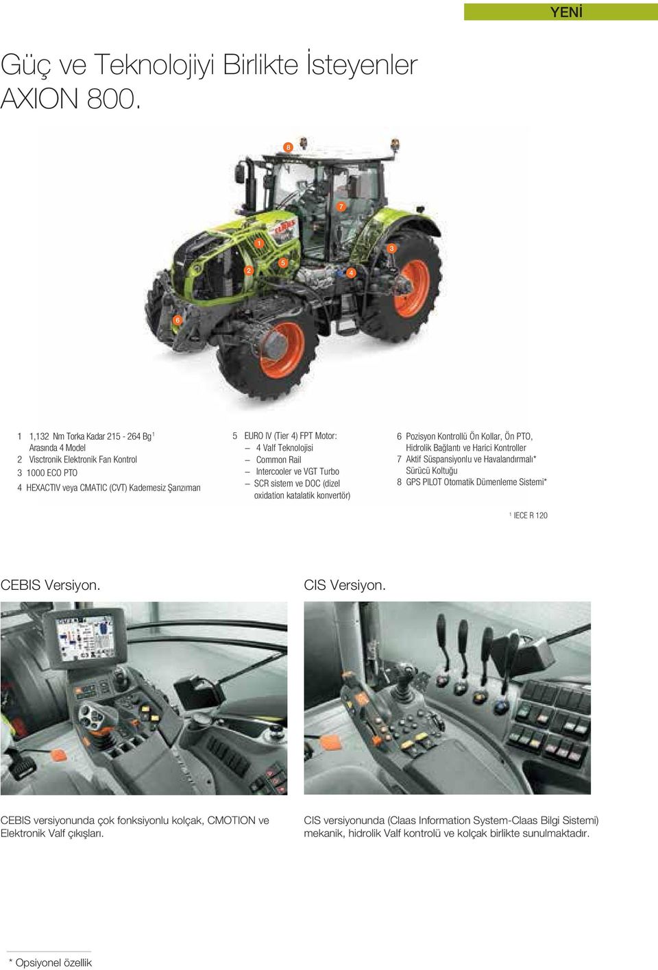 Teknolojisi Common Rail Intercooler ve VGT Turbo SCR sistem ve DOC (dizel oxidation katalatik konvertör) 6 Pozisyon Kontrollü Ön Kollar, Ön PTO, Hidrolik Bağlantı ve Harici Kontroller 7 Aktif