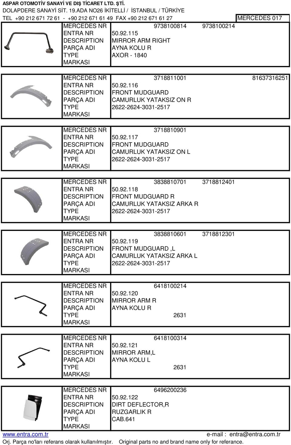 116 DESCRIPTION FRONT MUDGUARD PARÇA ADI CAMURLUK YATAKSIZ ON R 2622-2624-3031-2517 3718810901 ENTRA NR 50.92.