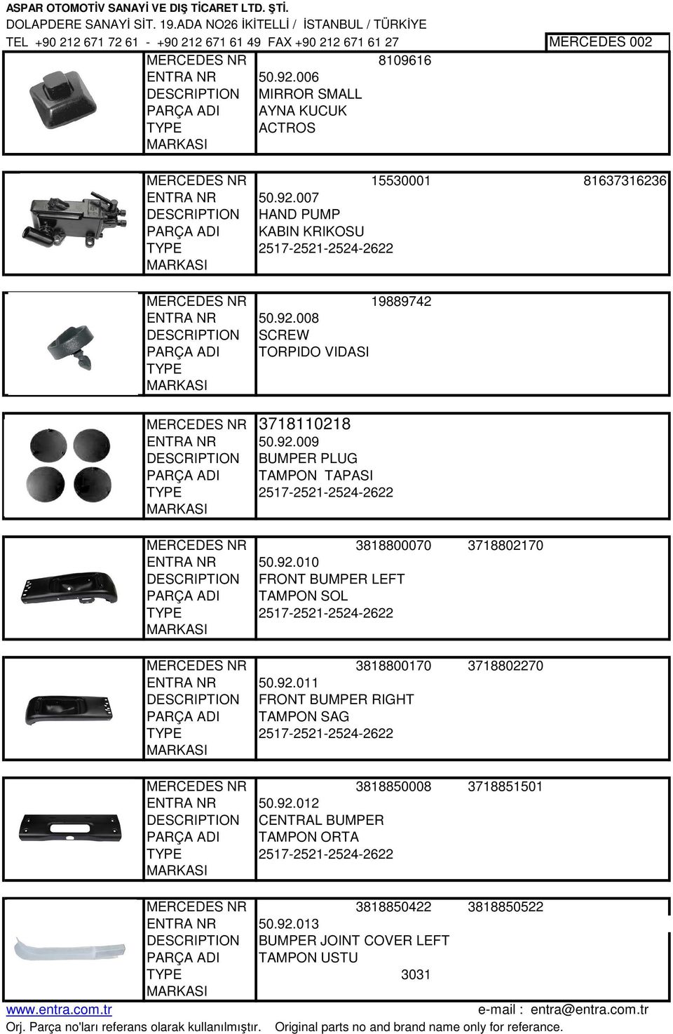 92.009 DESCRIPTION BUMPER PLUG PARÇA ADI TAMPON TAPASI 2517-2521-2524-2622 3818800070 3718802170 ENTRA NR 50.92.010 DESCRIPTION FRONT BUMPER LEFT PARÇA ADI TAMPON SOL 2517-2521-2524-2622 3818800170 3718802270 ENTRA NR 50.