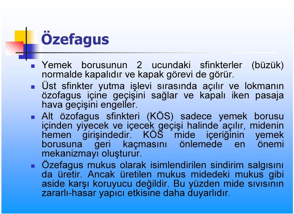 Alt özofagus sfinkteri (KÖS) sadece yemek borusu içinden yiyecek ve içecek geçişi halinde açılır, midenin hemen girişindedir.