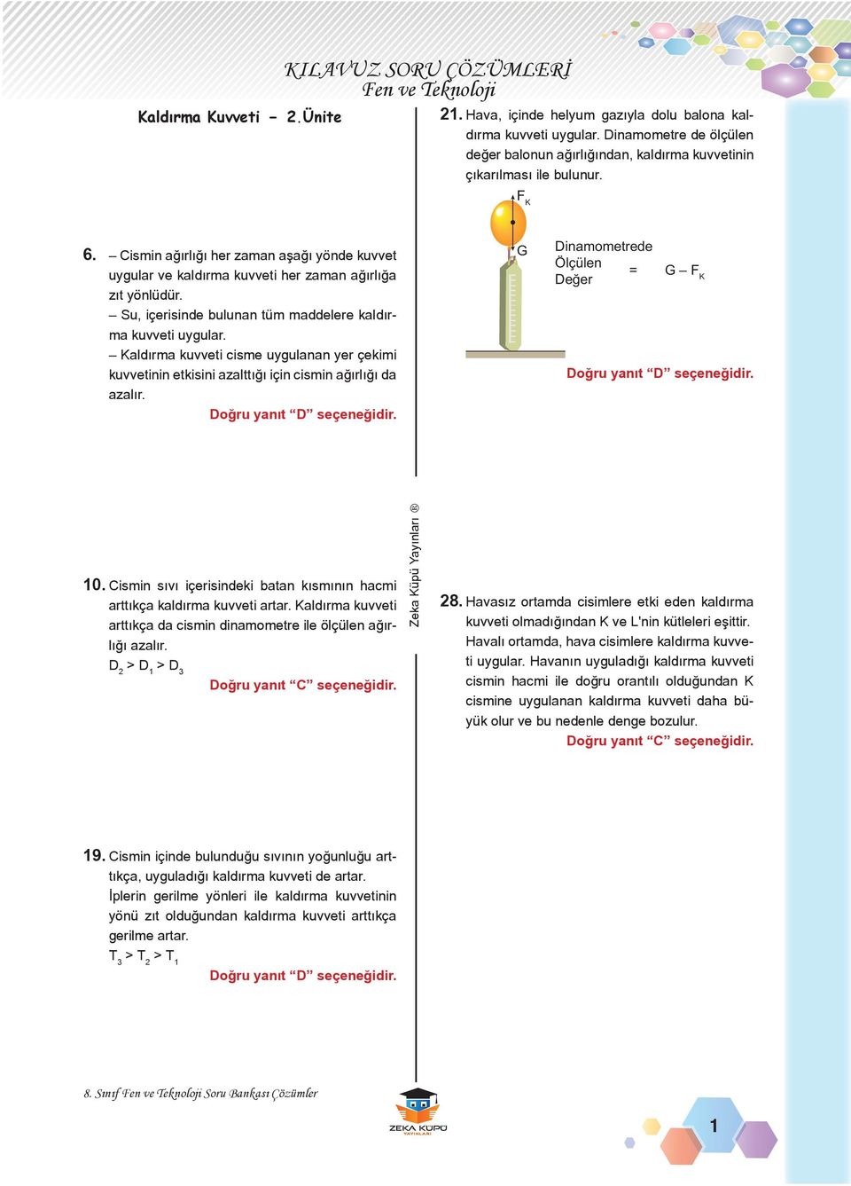 Kaldırma kuvveti cisme uygulanan yer çekimi kuvvetinin etkisini azalttığı için cismin ağırlığı da azalır. G Dinamometrede Ölçülen = Değer G F K 0.