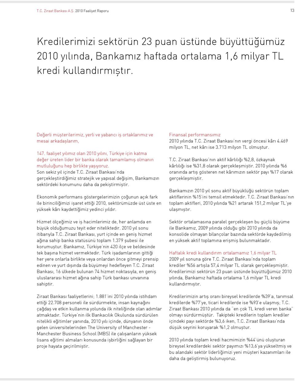 faaliyet yılımız olan 2010 yılını, Türkiye için katma değer üreten lider bir banka olarak tamamlamış olmanın mutluluğunu hep birlikte yaşıyoruz. Son sekiz yıl içinde T.C.