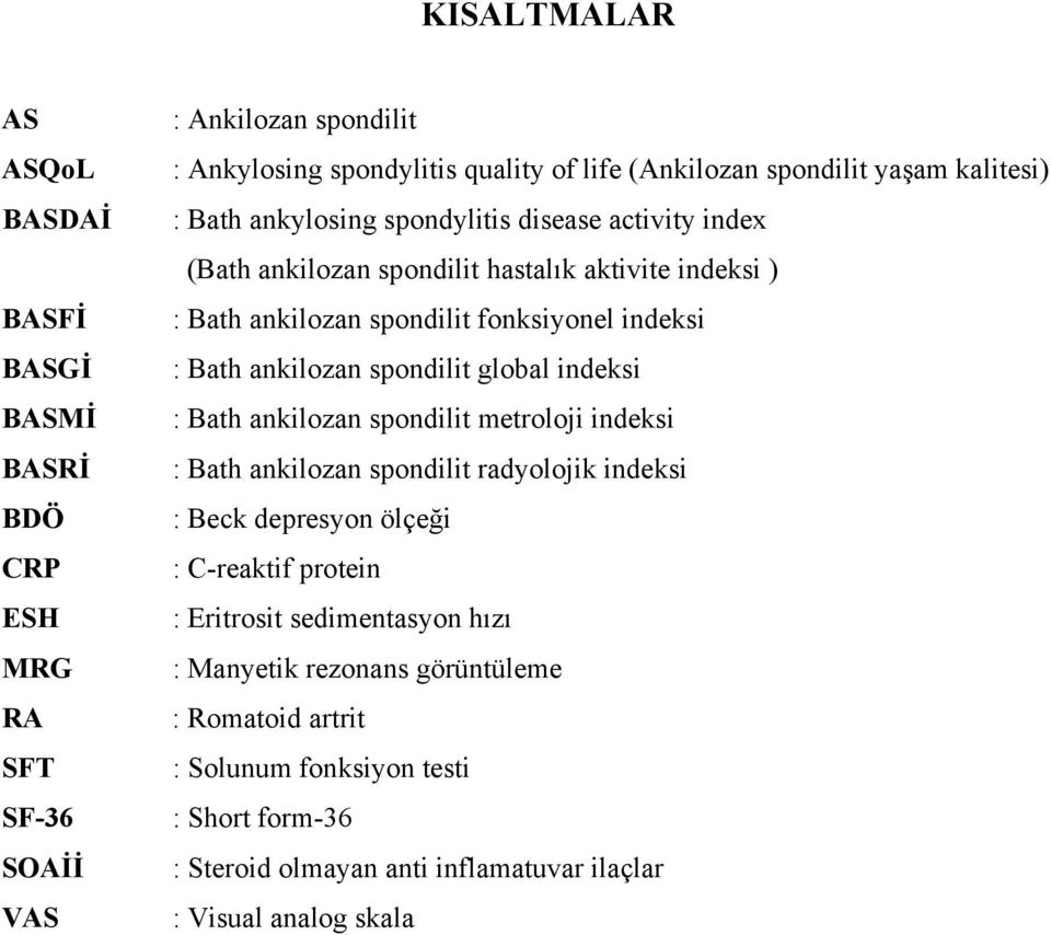 ankilozan spondilit global indeksi : Bath ankilozan spondilit metroloji indeksi : Bath ankilozan spondilit radyolojik indeksi : Beck depresyon ölçeği : C-reaktif protein :