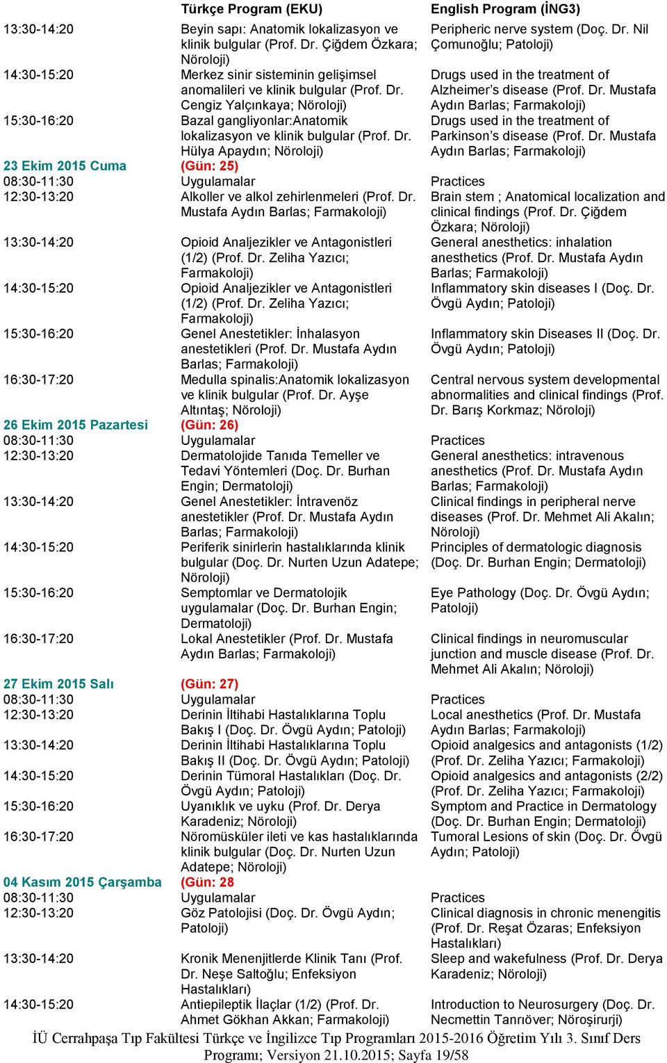 Cengiz Yalçınkaya; Nöroloji) 15:30-16:20 Bazal gangliyonlar:anatomik lokalizasyon ve klinik bulgular (Prof. Dr.