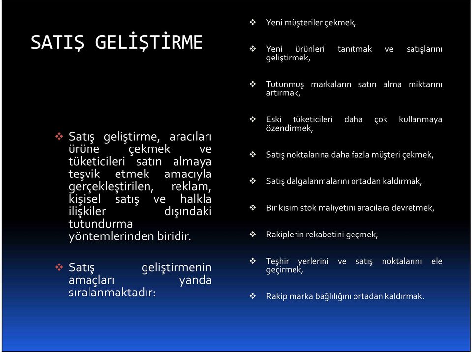 Satış geliştirmenin amaçları yanda sıralanmaktadır: Eski tüketicileri daha çok kullanmaya özendirmek, Satış noktalarına daha fazla müşteri çekmek, Satış dalgalanmalarını