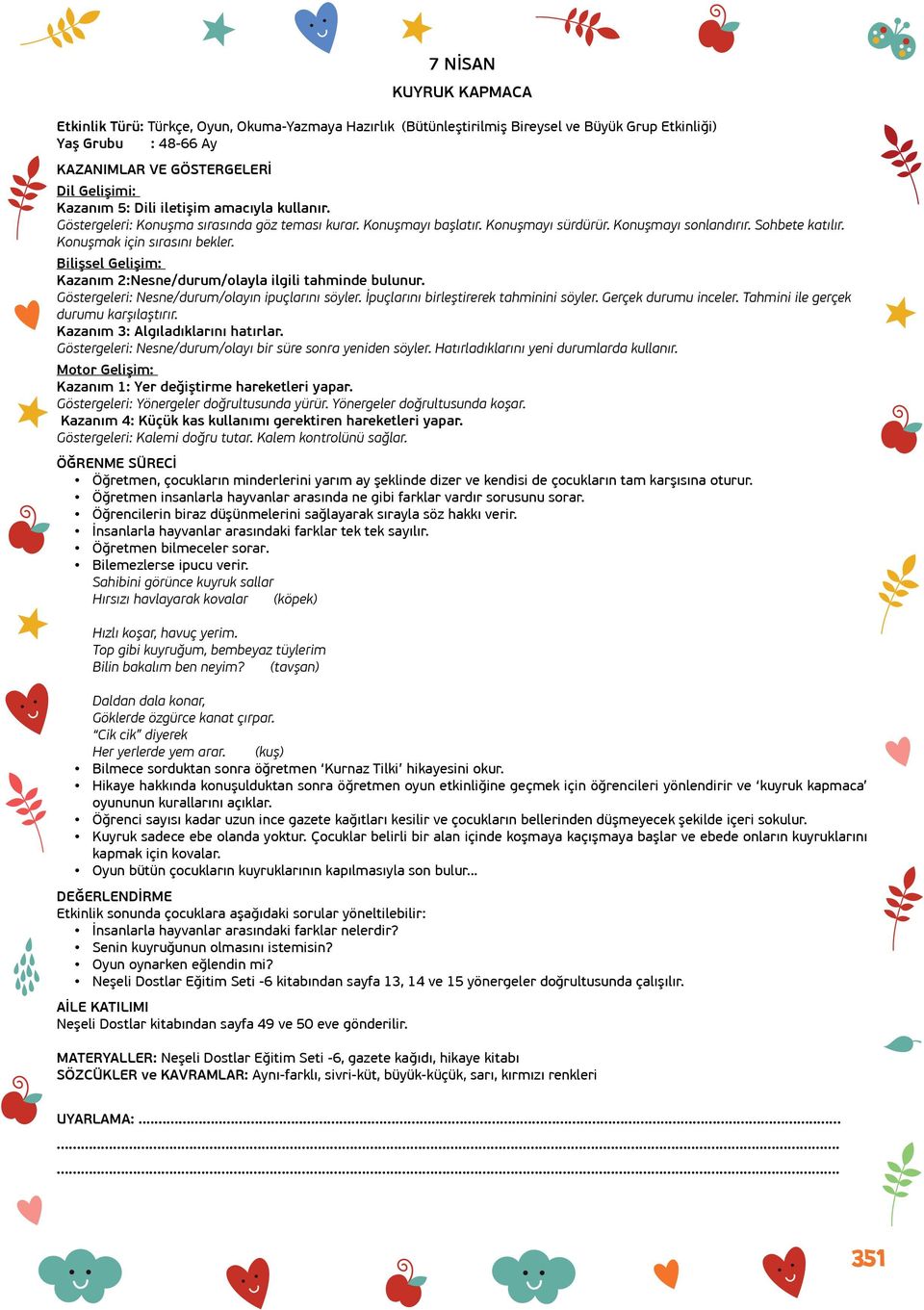 Bilişsel Gelişim: Kazanım 2:Nesne/durum/olayla ilgili tahminde bulunur. Göstergeleri: Nesne/durum/olayın ipuçlarını söyler. İpuçlarını birleştirerek tahminini söyler. Gerçek durumu inceler.