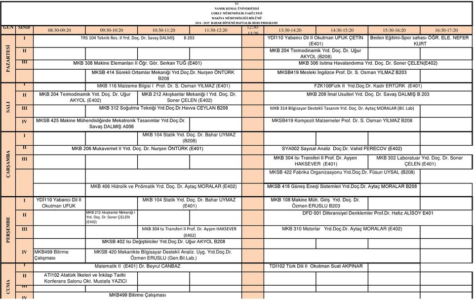 Serkan TUĞ (E401) MKB 306 sıtma Havalandırma Yrd. Doç. Dr. Soner ÇELEN(E402) MKB 204 Termodinamik Yrd. Doç. Dr. Uğur AKYOL (E402) MKSB 414 Sürekli Ortamlar Mekaniği Yrd.Doç.Dr. Nurşen ÖNTÜRK MKB 116 Malzeme Bilgisi Prof.