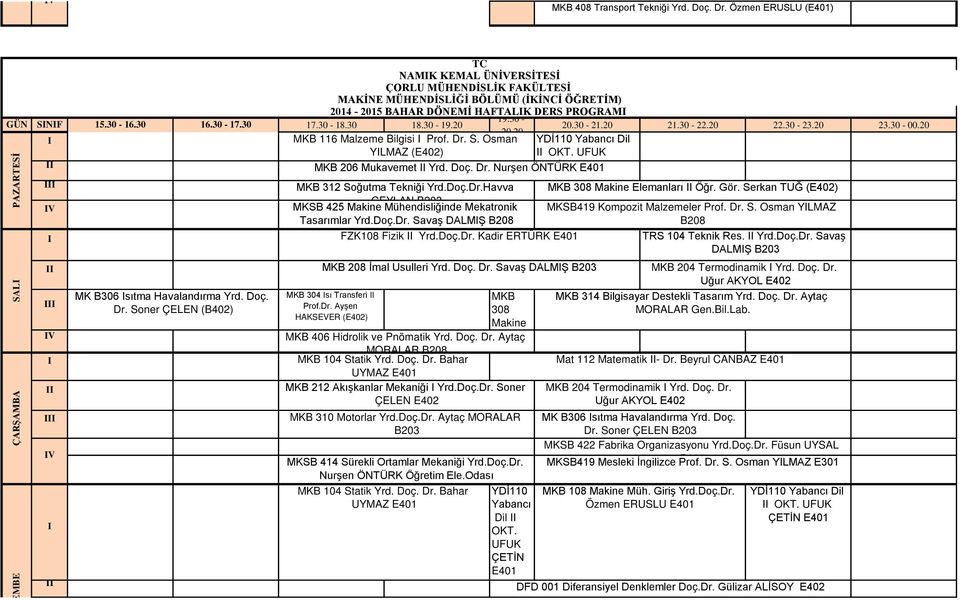 30 17.30-18.30 18.30-19.20 20.30-21.20 20 20 MKB 116 Malzeme Bilgisi Prof. Dr. S. Osman YDİ110 Yabancı Dil 21.30-22.20 22.30-23.20 23.30-00.20 YLMAZ (E402) OKT. UFUK MKB 206 Mukavemet Yrd. Doç. Dr. Nurşen ÖNTÜRK İ E401 PAZARTESİ SAL ÇARŞAMBA EMBE V V V MK B306 sıtma Havalandırma Yrd.