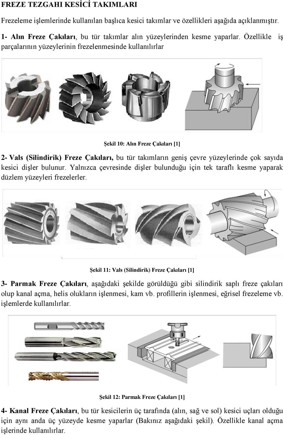 Özellikle iş parçalarının yüzeylerinin frezelenmesinde kullanılırlar Şekil 10: Alın Freze Çakıları [1] 2- Vals (Silindirik) Freze Çakıları, bu tür takımların geniş çevre yüzeylerinde çok sayıda