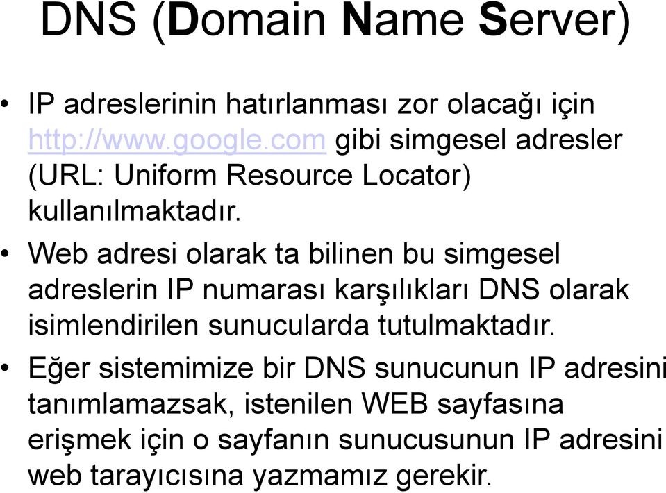 Web adresi olarak ta bilinen bu simgesel adreslerin IP numarası karşılıkları DNS olarak isimlendirilen sunucularda