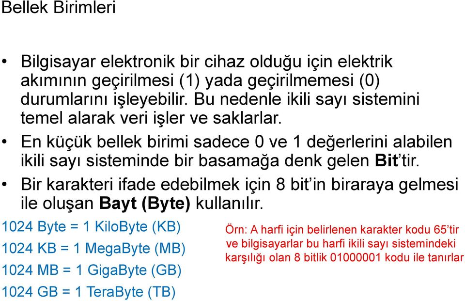 En küçük bellek birimi sadece 0 ve 1 değerlerini alabilen ikili sayı sisteminde bir basamağa denk gelen Bit tir.