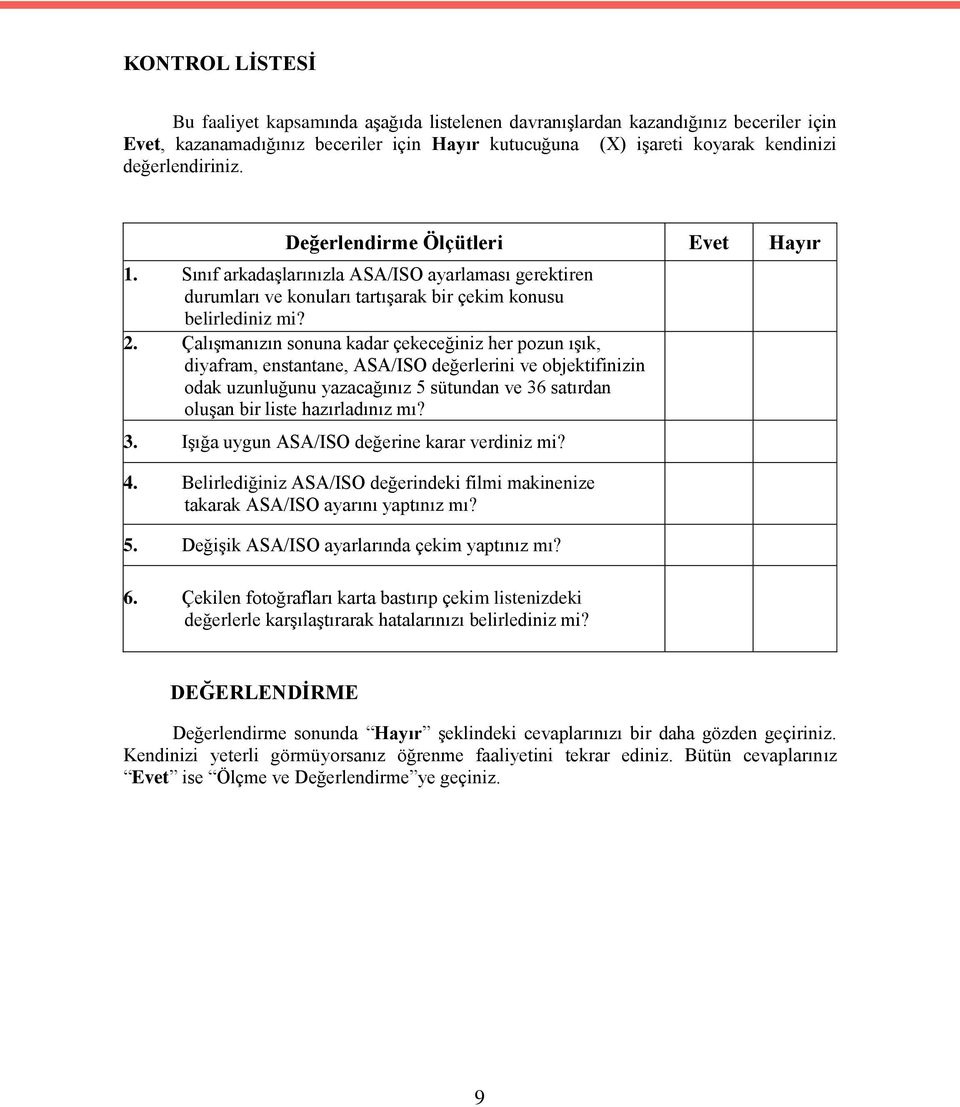 Çalışmanızın sonuna kadar çekeceğiniz her pozun ışık, diyafram, enstantane, ASA/ISO değerlerini ve objektifinizin odak uzunluğunu yazacağınız 5 sütundan ve 36 satırdan oluşan bir liste hazırladınız