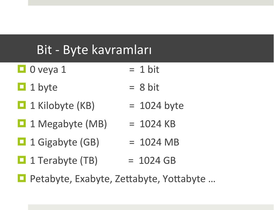 1024 KB 1 Gigabyte (GB) = 1024 MB 1 Terabyte (TB)