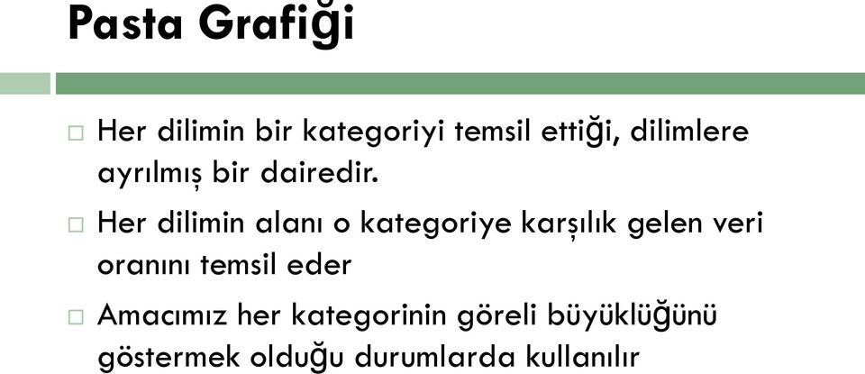 Her dilimin alanı o kategoriye karşılık gelen veri oranını