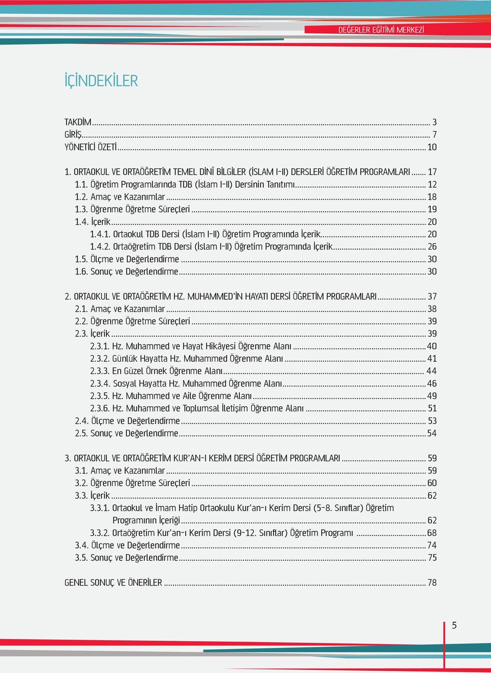 .. 26 1.5. Ölçme ve Değerlendirme...30 1.6. Sonuç ve Değerlendirme...30 2. Ortaokul ve Ortaöğretim Hz. Muhammed in Hayatı Dersi Öğretim Programları... 37 2.1. Amaç ve Kazanımlar...38 2.2. Öğrenme Öğretme Süreçleri.