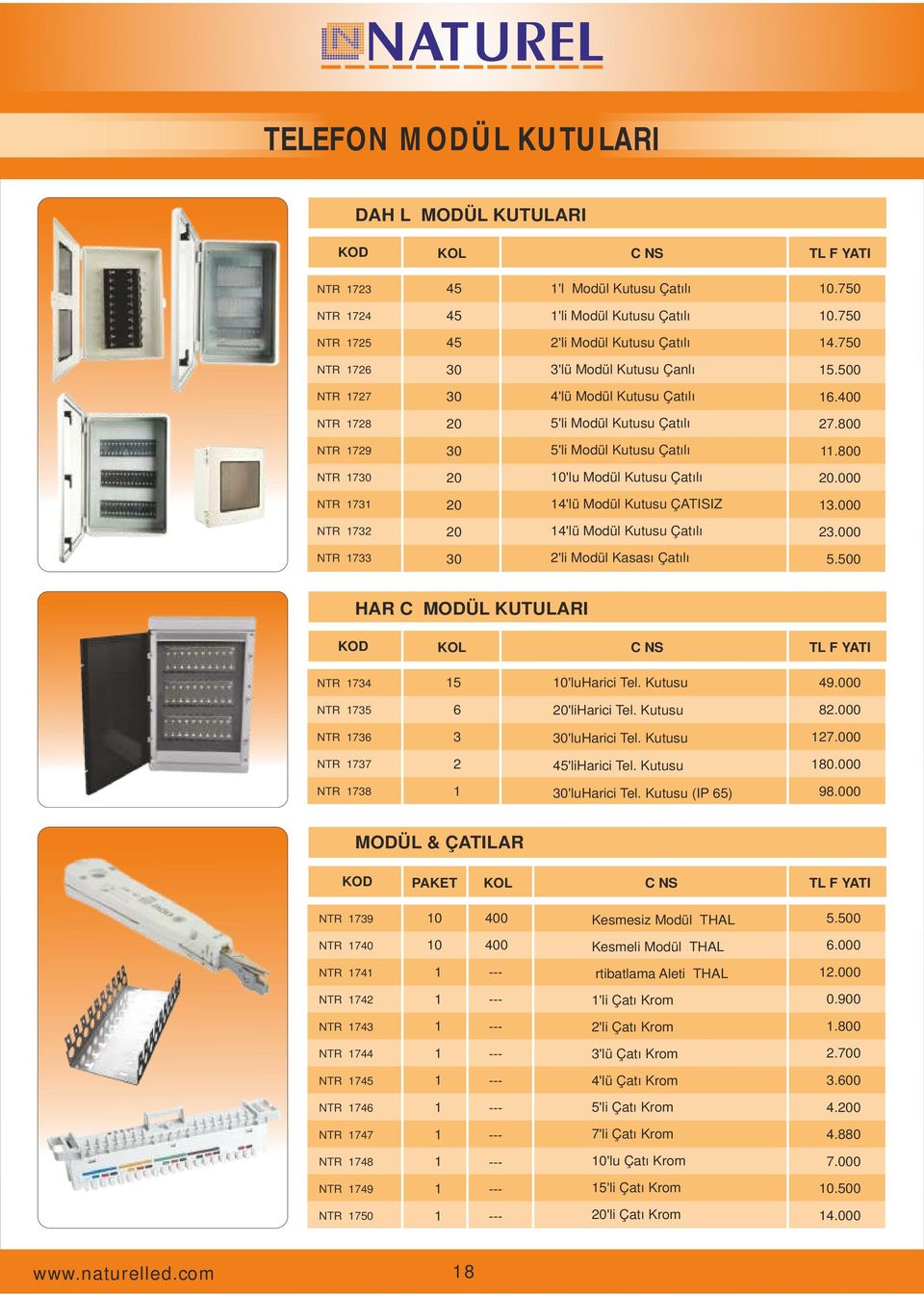 000 NTR 73 4'lü Modül Kutusu ÇATISIZ 3.000 NTR 732 4'lü Modül Kutusu Çatılı 23.000 NTR 733 30 2'li Modül Kasası Çatılı 5.0 HARİCİ MODÜL KUTULARI KOD KOLİ CİNSİ TL I NTR 734 5 'luharici Tel. Kutusu 49.