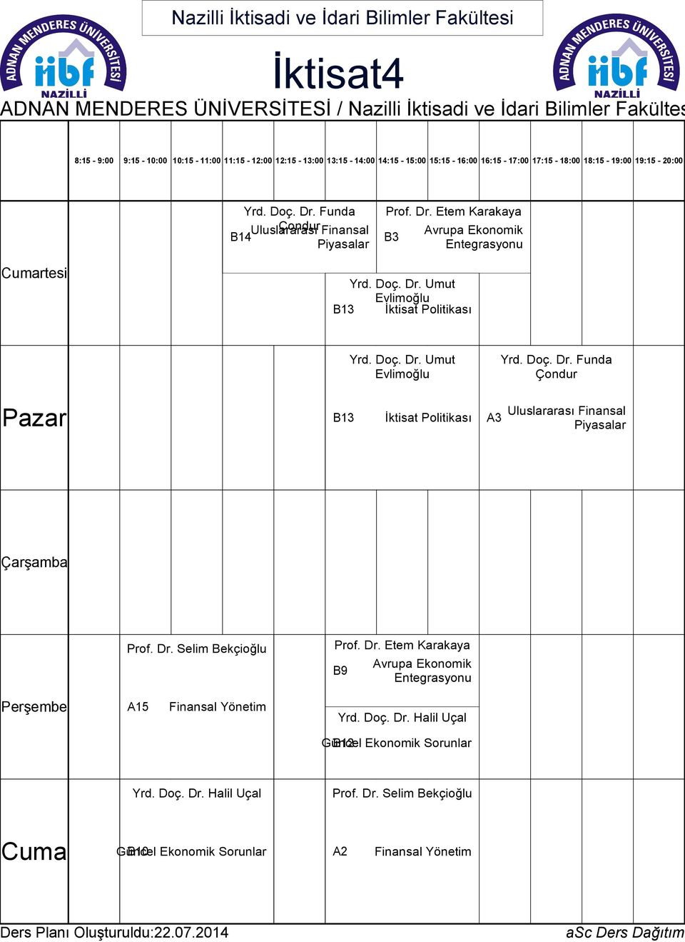 Doç. Dr. Funda Çondur B İktisat Politikası A3 Uluslararası Finansal Piyasalar Prof. Dr. Selim Bekçioğlu Prof. Dr. Etem Karakaya B9 Avrupa Ekonomik Entegrasyonu A Finansal Yönetim Yrd.