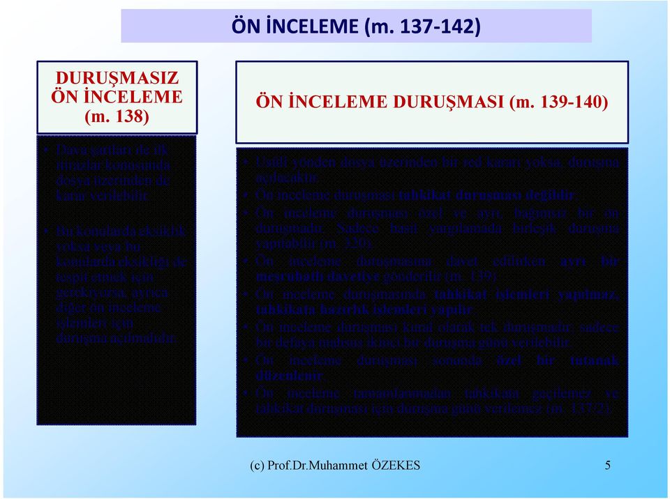 139-140) Usûlî yönden dosya üzerinden bir red kararı yoksa, duruşma açılacaktır. Ön inceleme duruşması tahkikat duruşması değildir. Ön inceleme duruşması özel ve ayrı, bağımsız bir ön duruşmadır.