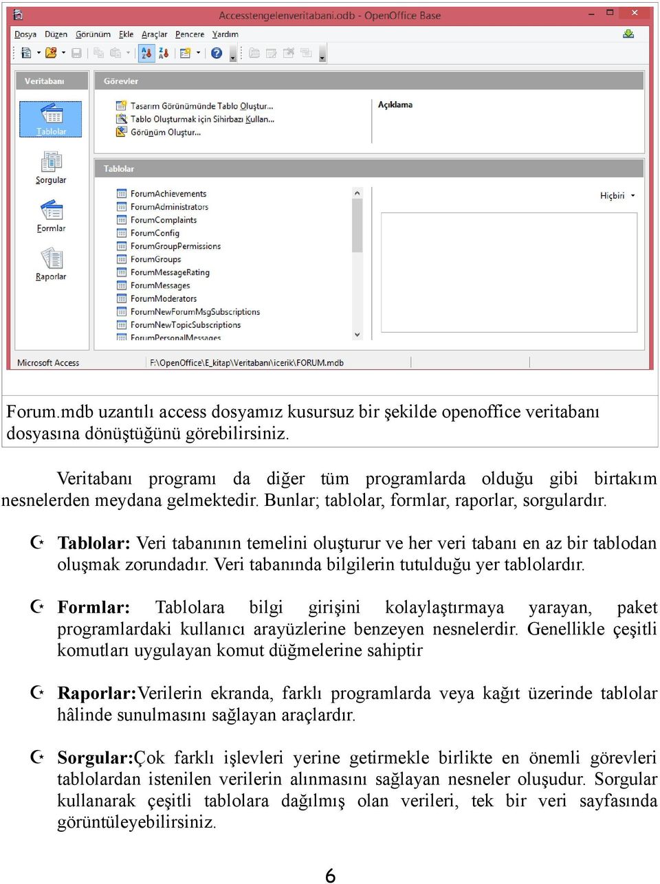 Tablolar: Veri tabanının temelini oluşturur ve her veri tabanı en az bir tablodan oluşmak zorundadır. Veri tabanında bilgilerin tutulduğu yer tablolardır.