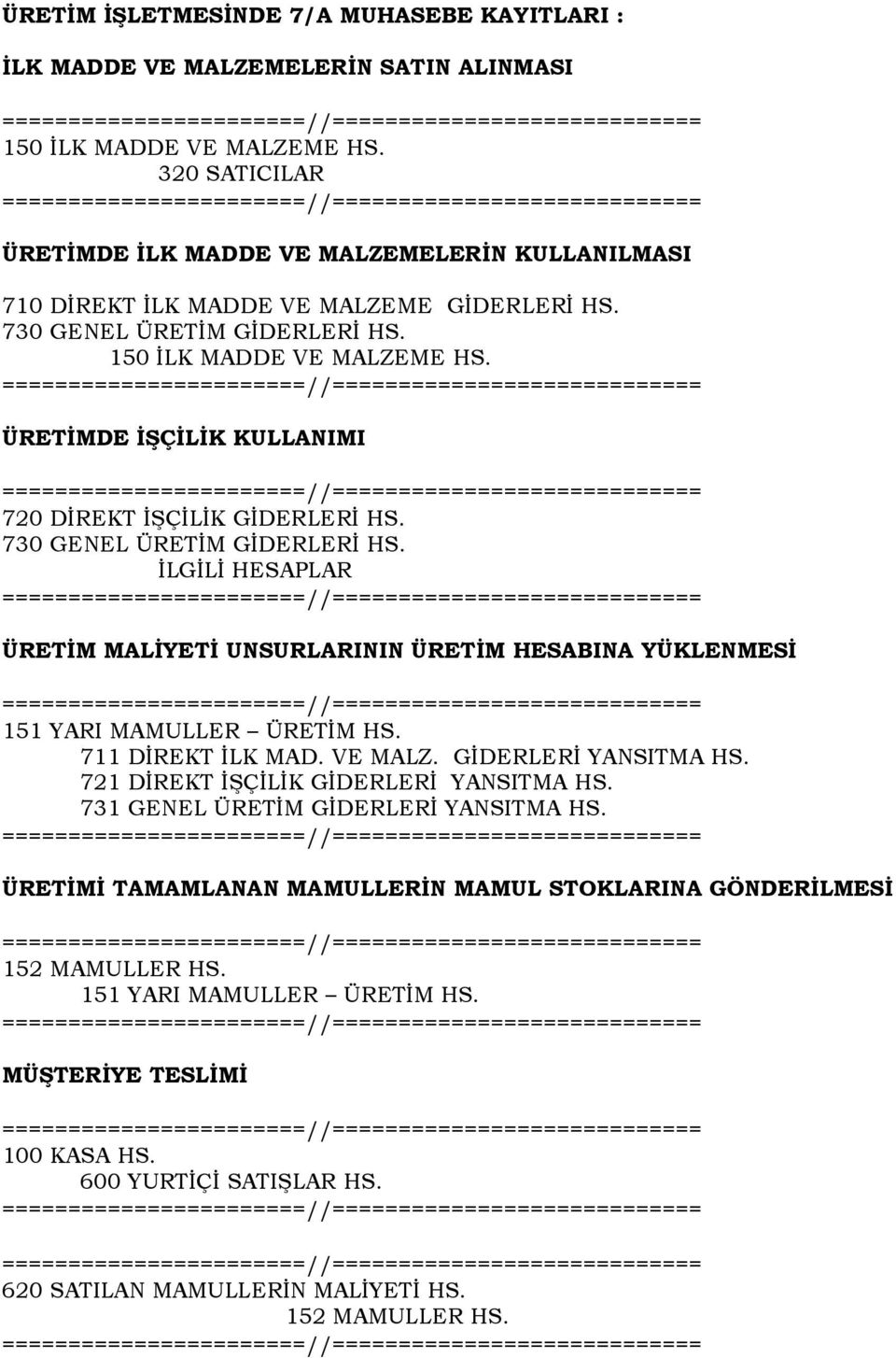 ÜRETİMDE İŞÇİLİK KULLANIMI 720 DİREKT İŞÇİLİK GİDERLERİ HS. 730 GENEL ÜRETİM GİDERLERİ HS. İLGİLİ HESAPLAR ÜRETİM MALİYETİ UNSURLARININ ÜRETİM HESABINA YÜKLENMESİ 151 YARI MAMULLER ÜRETİM HS.