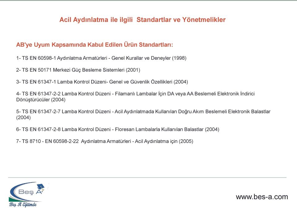 Filamanlı Lambalar İçin DA veya AA Beslemeli Elektronik İndirici Dönüştürücüler (2004) 5- TS EN 61347-2-7 Lamba Kontrol Düzeni - Acil Aydınlatmada Kullanılan Doğru Akım Beslemeli