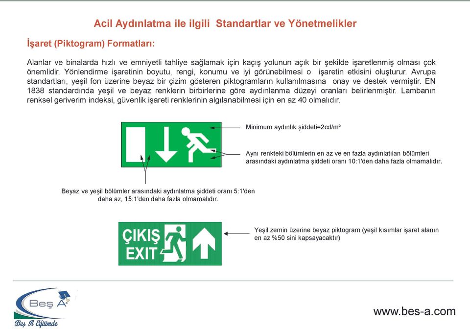 Avrupa standartları, yeşil fon üzerine beyaz bir çizim gösteren piktogramların kullanılmasına onay ve destek vermiştir.
