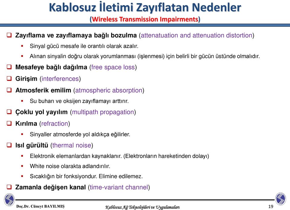 Mesafeye bağlı dağılma (free space loss) Girişim (interferences) Atmosferik emilim (atmospheric absorption) Su buharı ve oksijen zayıflamayı arttırır.