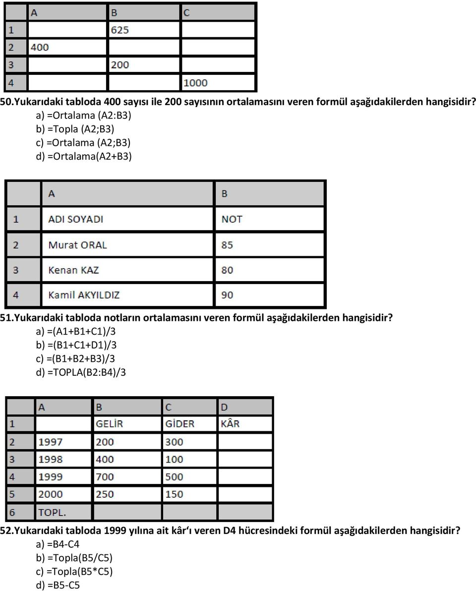 Yukarıdaki tabloda notların ortalamasını veren formül aşağıdakilerden hangisidir?