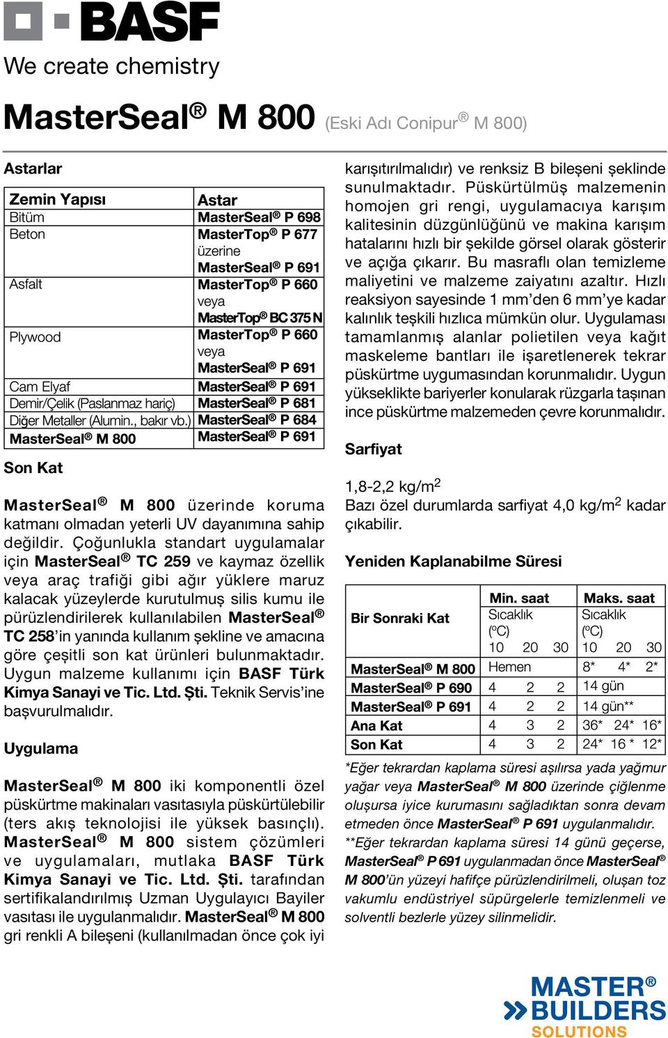 MasterSeal TC 258 in yanında kullanım şekline ve amacına göre çeşitli son kat ürünleri bulunmaktadır. Uygun malzeme kullanımı için BASF Türk Kimya Sanayi ve Tic. Ltd. Şti.