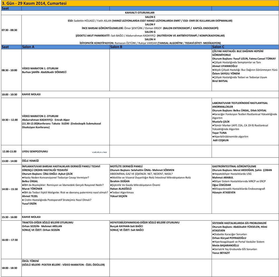 / ESD- EMR DE KULLANILAN EKİPMANLAR) SALON F İNCE BARSAK GÖRÜNTÜLEMELERİ: Ömer ŞENTÜRK / Osman ERSOY (BALON ENTEROSKOPİ / KAPSÜL ENDOSKOPİ) SALON G ŞİDDETLİ AKUT PANKREATİT: Sait BAĞCI / Abdurrahman