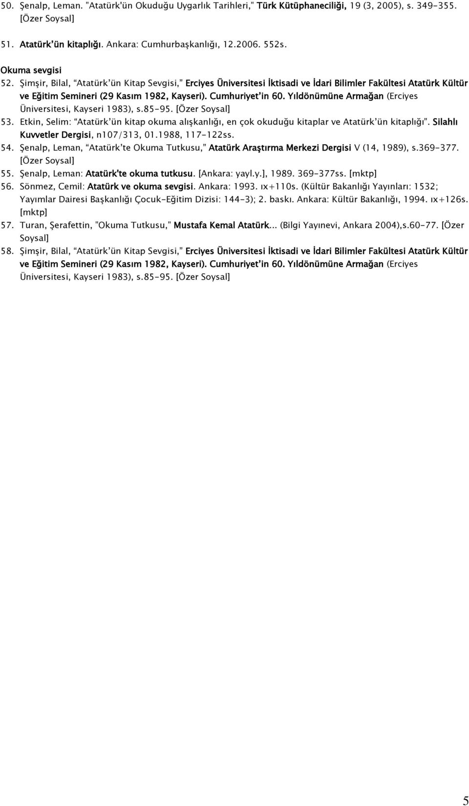 Yıldönümüne Armağan (Erciyes Üniversitesi, Kayseri 1983), s.85-95. 53. Etkin, Selim: Atatürk ün kitap okuma alışkanlığı, en çok okuduğu kitaplar ve Atatürk ün kitaplığı.