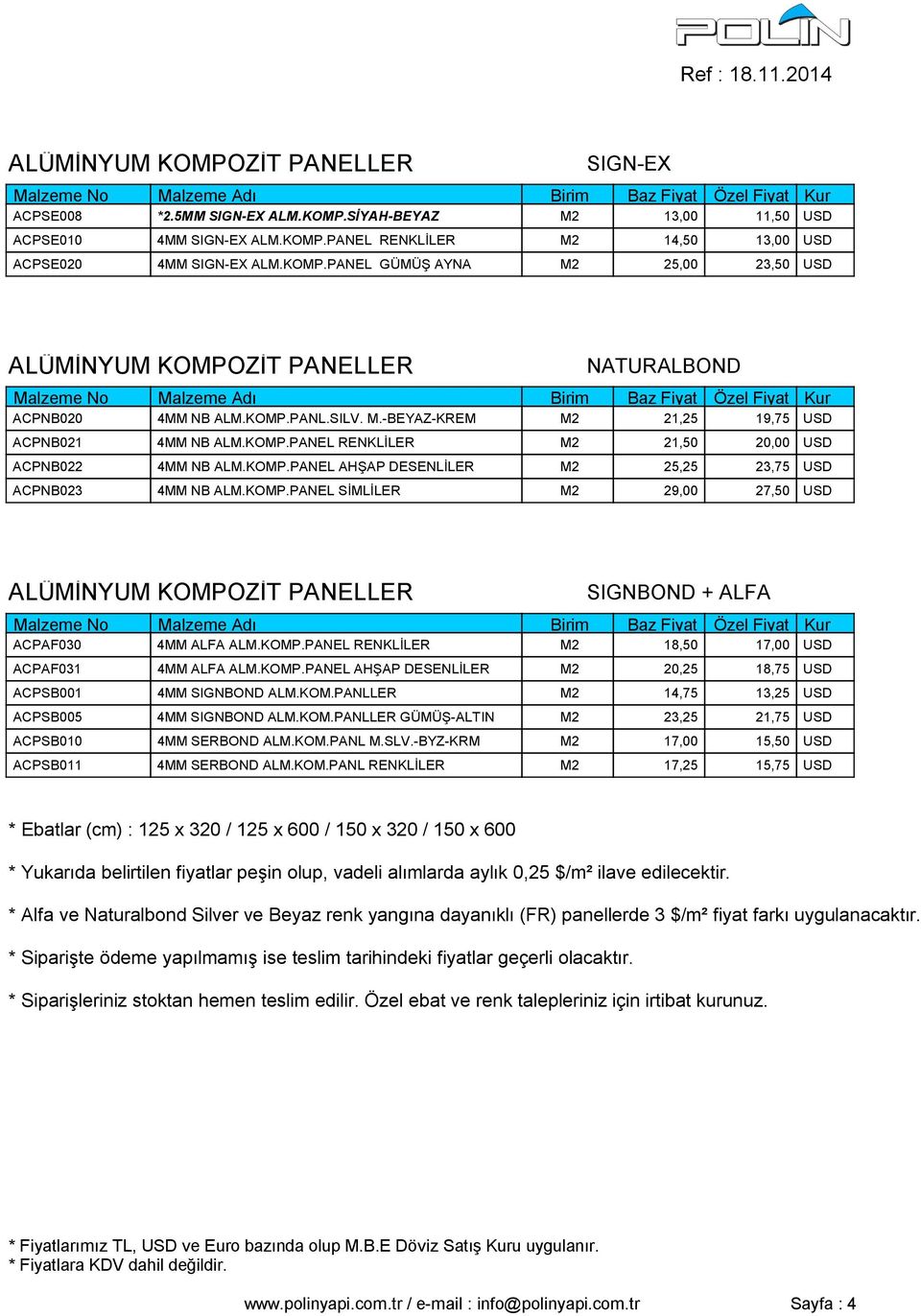 KOMP.PANEL SİMLİLER M2 29,00 27,50 USD ALÜMİNYUM KOMPOZİT PANELLER SIGNBOND + ALFA ACPAF030 4MM ALFA ALM.KOMP.PANEL RENKLİLER M2 18,50 17,00 USD ACPAF031 4MM ALFA ALM.KOMP.PANEL AHŞAP DESENLİLER M2 20,25 18,75 USD ACPSB001 4MM SIGNBOND ALM.