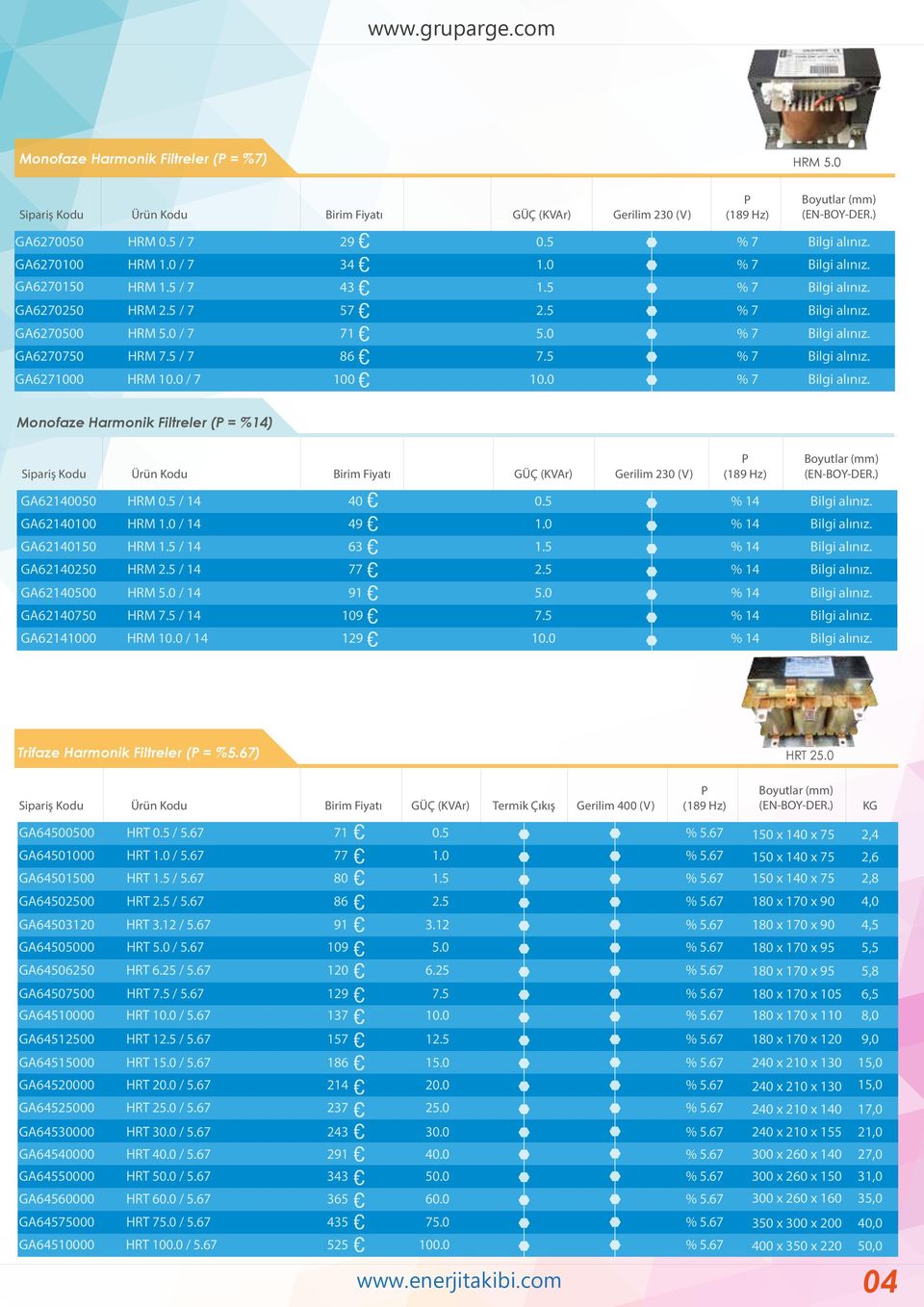 / 14 40 49 63 77 91 109 129 GÜÇ (KVAr) Gerilim 230 (V) P (189 Hz) Trifaze Harmonik Filtreler (P = %5.