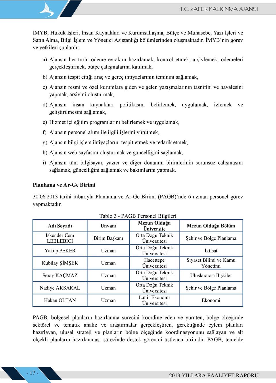 araç ve gereç ihtiyaçlarının teminini sağlamak, c) Ajansın resmi ve özel kurumlara giden ve gelen yazışmalarının tasnifini ve havalesini yapmak, arşivini oluşturmak, d) Ajansın insan kaynakları