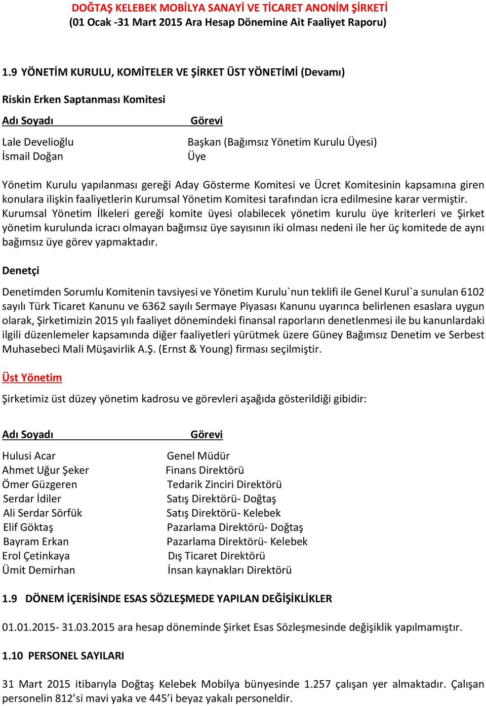 Kurumsal Yönetim İlkeleri gereği komite üyesi olabilecek yönetim kurulu üye kriterleri ve Şirket yönetim kurulunda icracı olmayan bağımsız üye sayısının iki olması nedeni ile her üç komitede de aynı