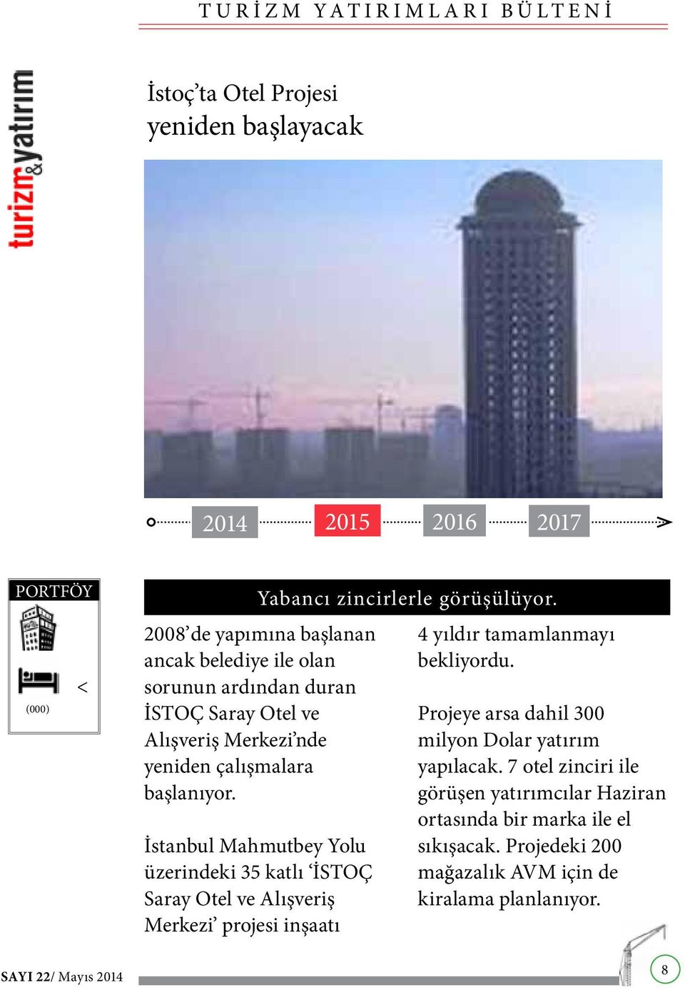 başlanıyor. İstanbul Mahmutbey Yolu üzerindeki 35 katlı İSTOÇ Saray Otel ve Alışveriş Merkezi projesi inşaatı 4 yıldır tamamlanmayı bekliyordu.