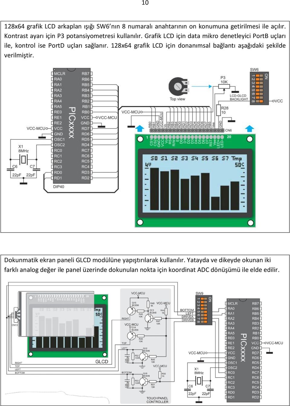 Grafik LCD için data mikro denetleyici PortB uçları ile, kontrol ise PortD uçları sağlanır.