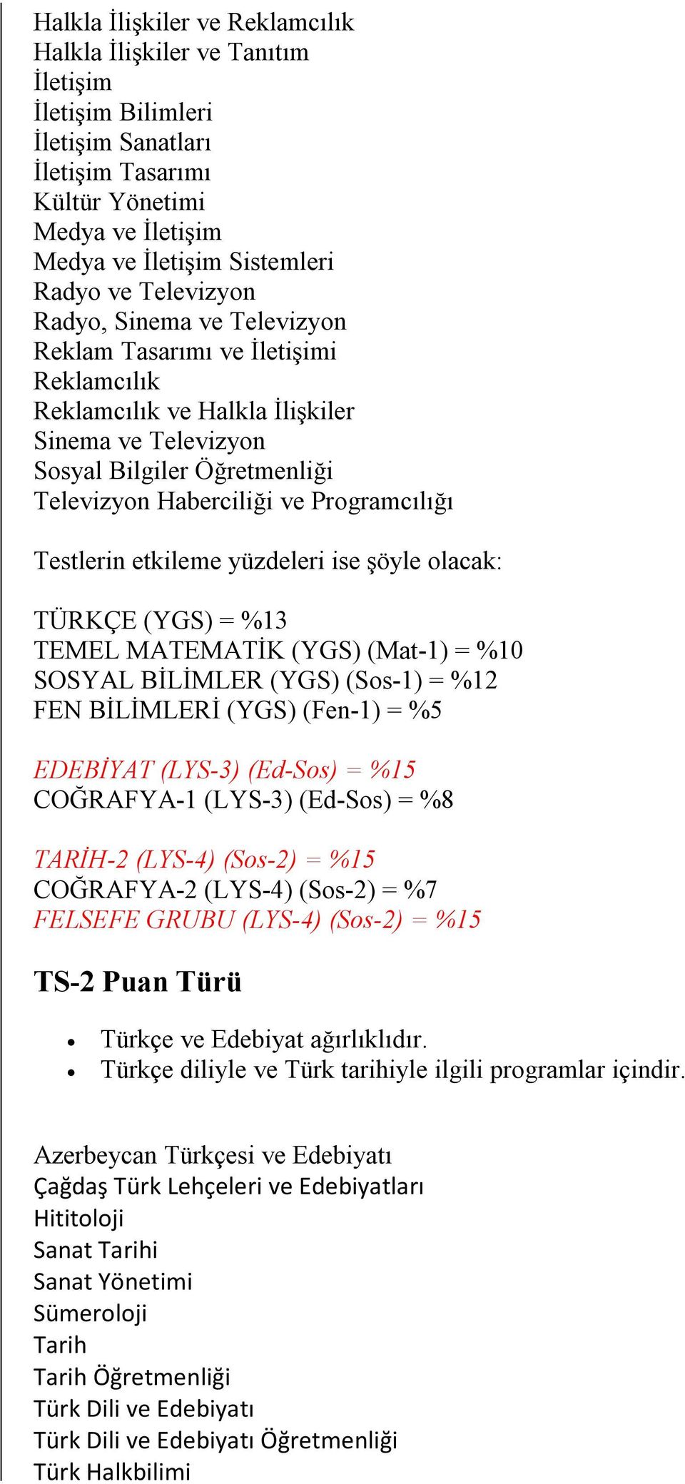 Programcılığı TÜRKÇE (YGS) = %13 TEMEL MATEMATİK (YGS) (Mat-1) = %10 SOSYAL BİLİMLER (YGS) (Sos-1) = %12 FEN BİLİMLERİ (YGS) (Fen-1) = %5 EDEBİYAT (LYS-3) (Ed-Sos) = %15 COĞRAFYA-1 (LYS-3) (Ed-Sos) =