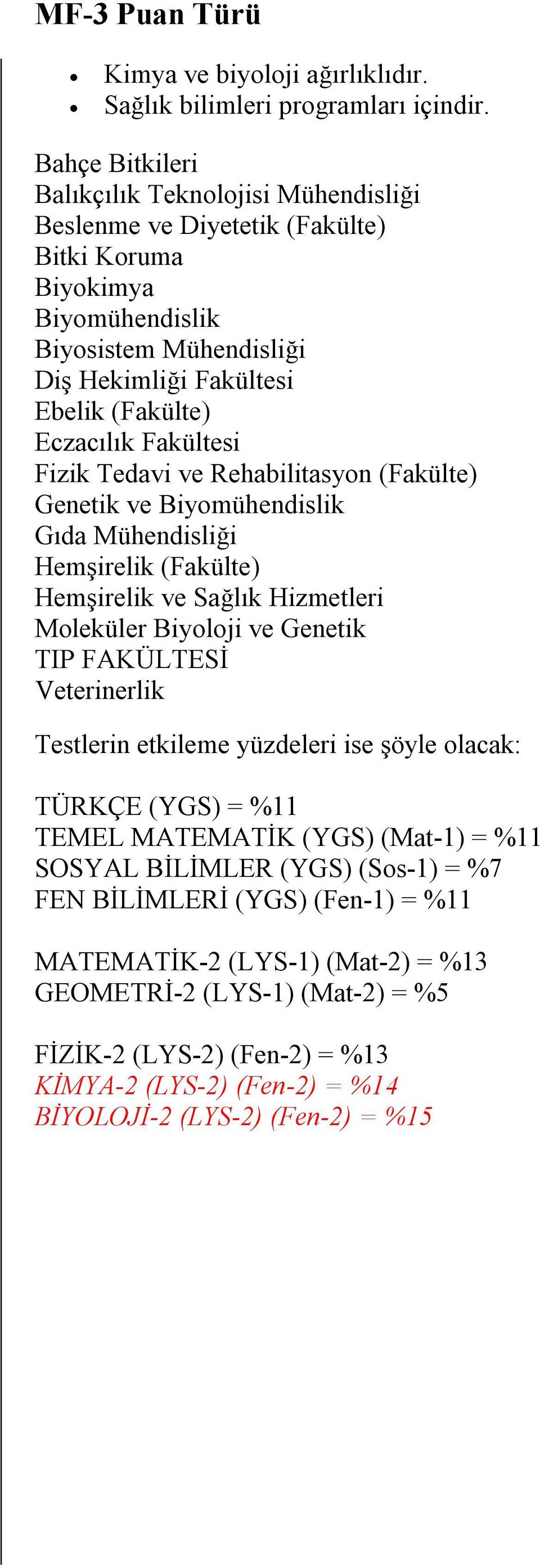 Eczacılık Fakültesi Fizik Tedavi ve Rehabilitasyon (Fakülte) Genetik ve Biyomühendislik Gıda Mühendisliği Hemşirelik (Fakülte) Hemşirelik ve Sağlık Hizmetleri Moleküler Biyoloji ve Genetik TIP