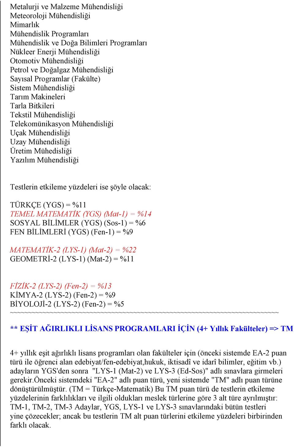 Mühedisliği Yazılım Mühendisliği TÜRKÇE (YGS) = %11 TEMEL MATEMATİK (YGS) (Mat-1) = %14 SOSYAL BİLİMLER (YGS) (Sos-1) = %6 FEN BİLİMLERİ (YGS) (Fen-1) = %9 MATEMATİK-2 (LYS-1) (Mat-2) = %22