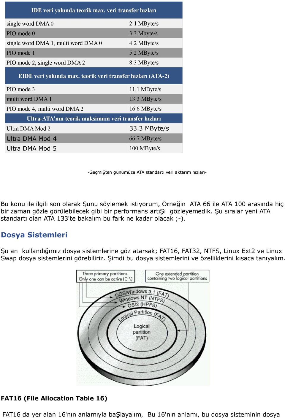 6 MByte/s Ultra-ATA'nın teorik maksimum veri transfer hızları Ultra DMA Mod 2 33.3 MByte/s Ultra DMA Mod 4 66.