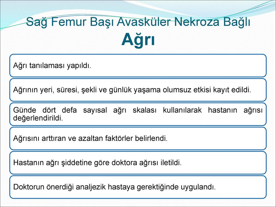 Günde dört defa sayısal ağrı skalası kullanılarak hastanın ağrısı değerlendirildi.