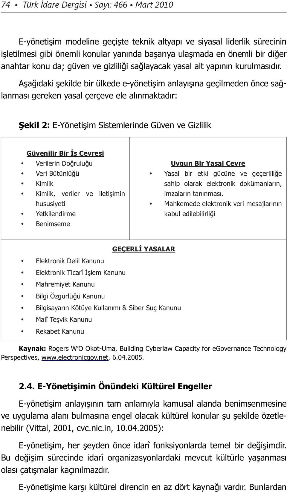 Aşağıdaki şekilde bir ülkede e-yönetişim anlayışına geçilmeden önce sağlanması gereken yasal çerçeve ele alınmaktadır: Şekil 2: E-Yönetişim Sistemlerinde Güven ve Gizlilik Güvenilir Bir İş Çevresi