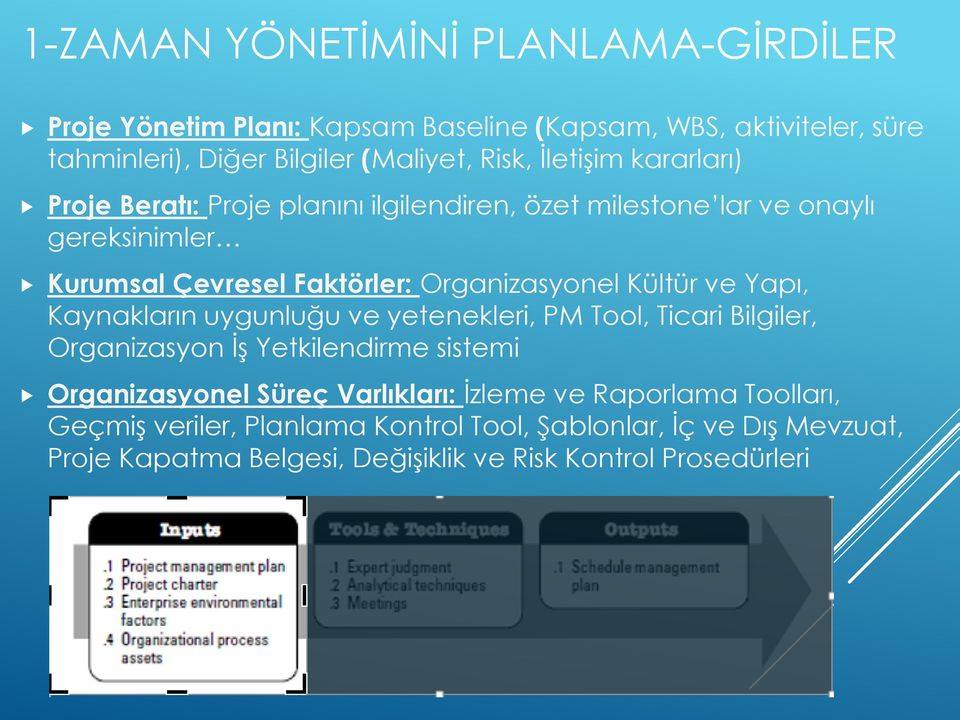 Kültür ve Yapı, Kaynakların uygunluğu ve yetenekleri, PM Tool, Ticari Bilgiler, Organizasyon İş Yetkilendirme sistemi Organizasyonel Süreç Varlıkları: