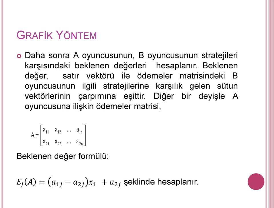 Beklenen değer, satır vektörü ile ödemeler matrisindeki B oyuncusunun ilgili stratejilerine karşılık gelen